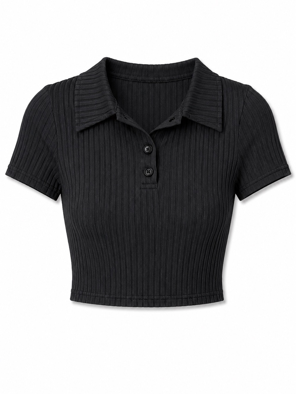 Black Ribbed Polo Crop Top